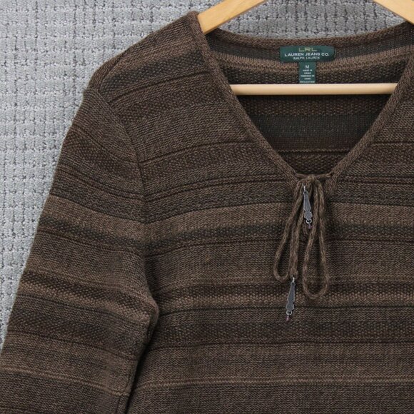 LRL Lauren Jeans Co Sweater Womens Medium M Brown Striped Long Sleeve V Neck - Picture 3 of 9
